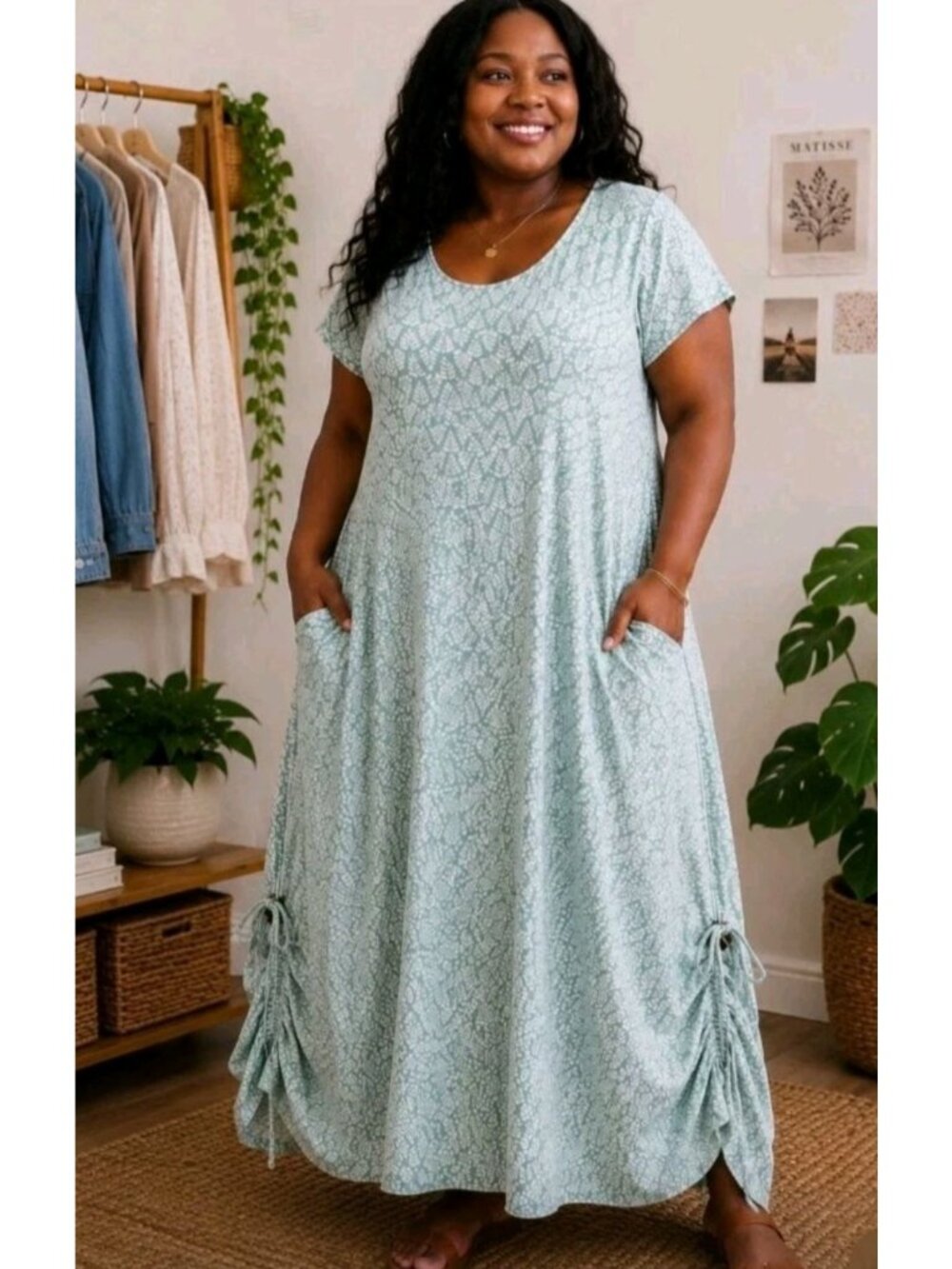 Kaktus Size 2XL Floral Gathered Hem Patch Pocket Comfy Casual Maxi Dress